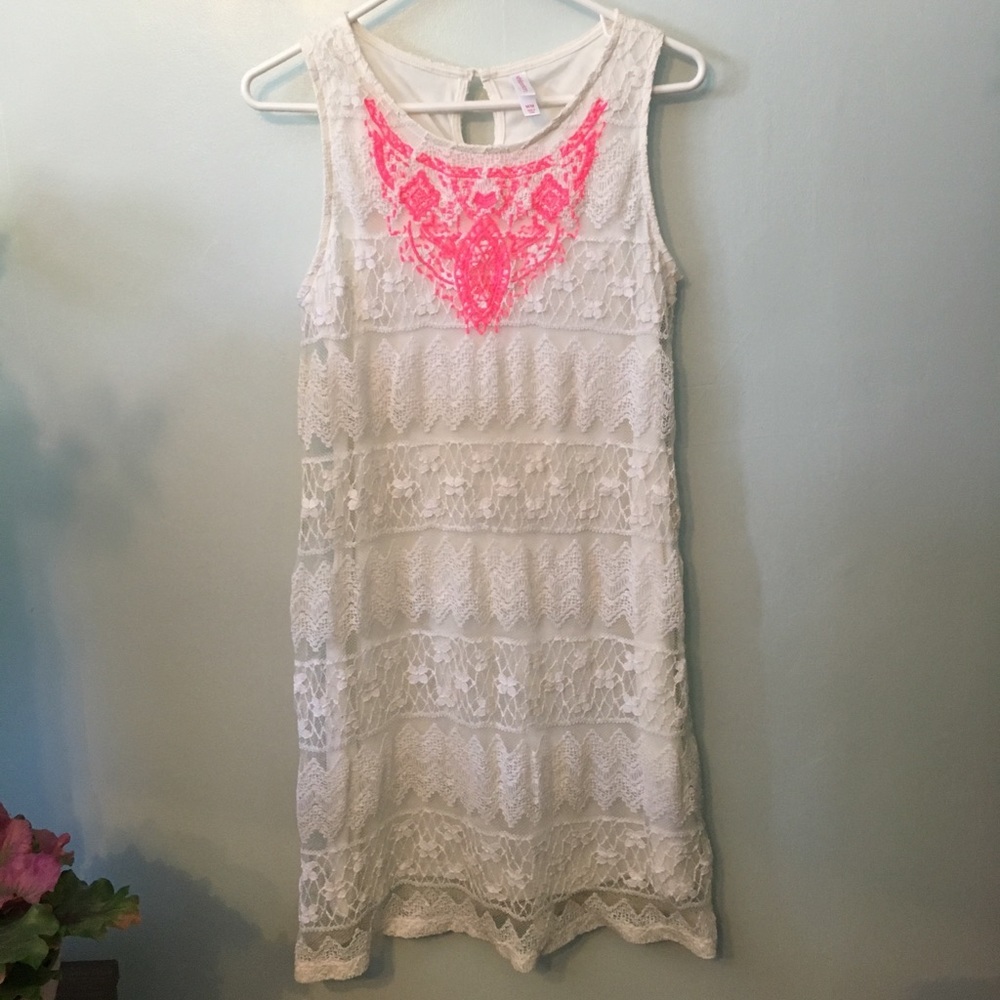 Xhilaration White lace summer dress Medium Hot Pink BodyCon Tight Short Mini